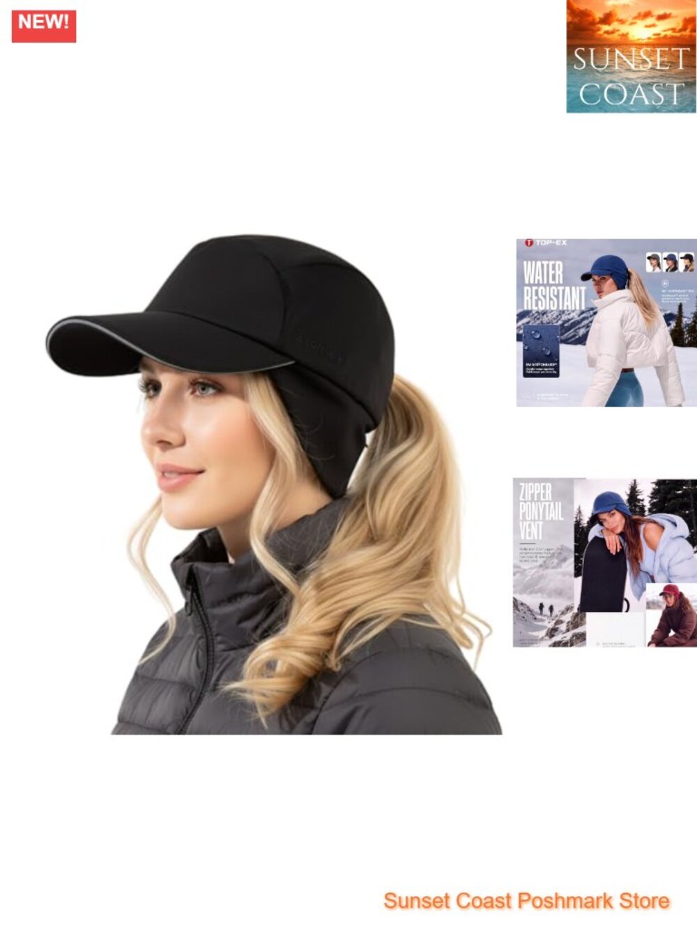 Water-Repellent Fleece Winter Hat with Ponytail Hole & Ear Flaps, Adjustable